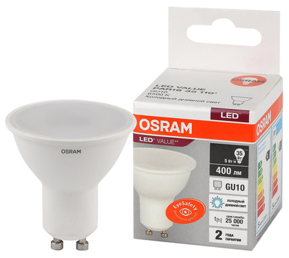 Лампа светодиодная GU10 5Вт 6500К 4058075581395 LED VALUE OSRAM