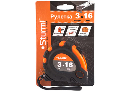 Рулетка 3 м. х 16 мм. 2-х сторон.шкала, магнит, 2 зацепа Sturm! 3100101
