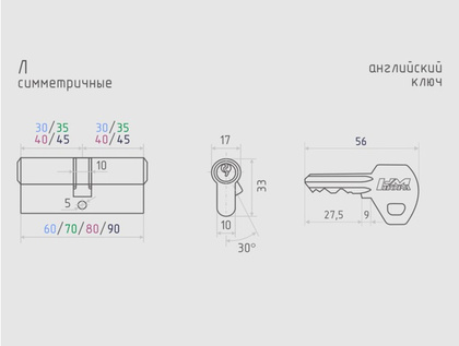 Механизм цилиндровый (30/30, ключ/ключ, хром, английск.ключ) Л-60 NORA-M