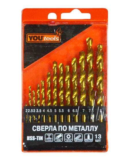Сверла по металлу ц/х HSS-TiN (наб.13шт 2,0-8,0 мм) YOURTOOLS