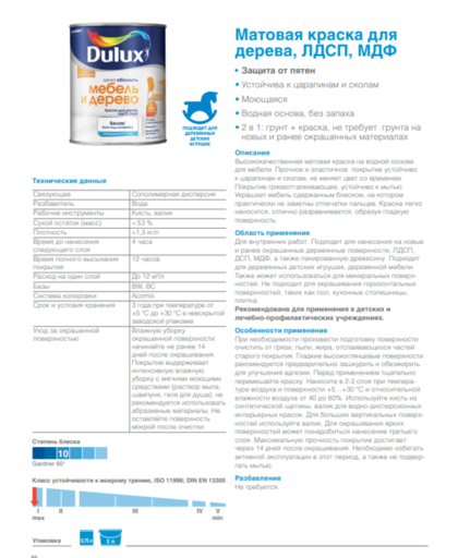 Краска DULUX Мебель и Дерево матовая 0,75л белая BW