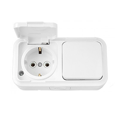 VIKA беж. Блок электроуст. 1-кл. выкл. + розетка с/з с крышкой, IP54 В-РЦ-657, ОККО