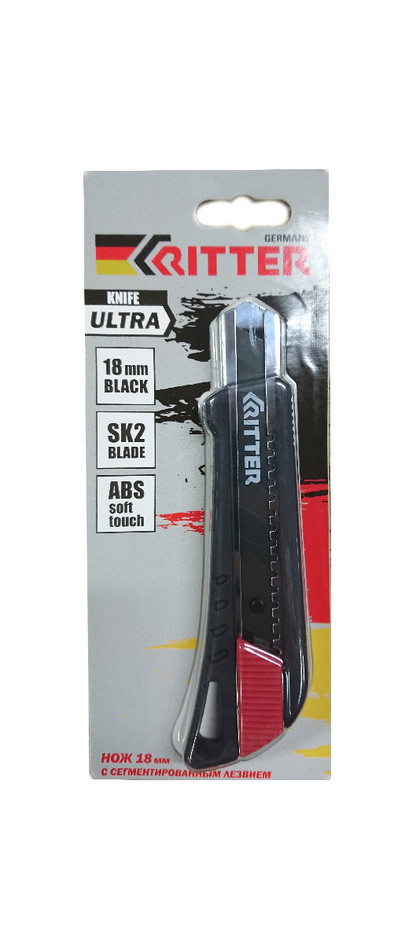 Нож 18мм. выдвижн.лезвие (Black), пласт. Soft-touch корпус, усил. Ritter Ultra HT40122180