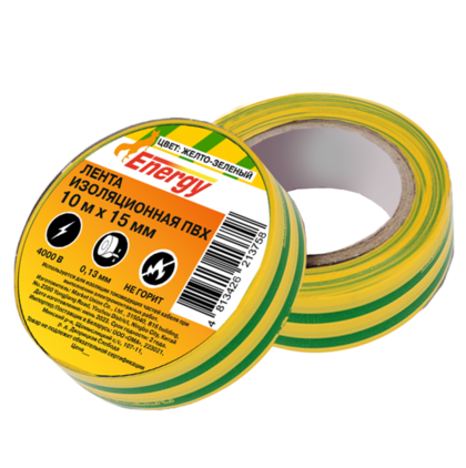 Лента изоляционная ПВХ 15мм х 10м х 0,13мм, желто-зеленая Energy