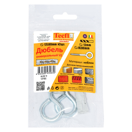 Дюбель универсальный нейлон с круглым крючком 12х60 2шт Tecfi