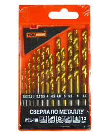 Сверла по металлу ц/х HSS-TiN (наб.13шт 1,0-6,5 мм) YOURTOOLS