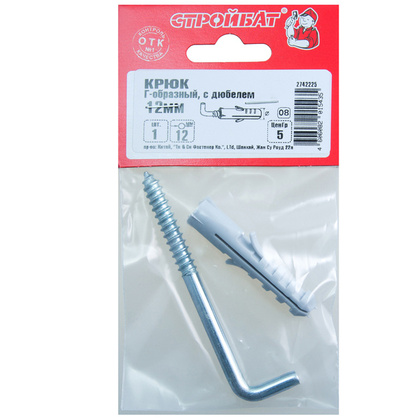 Шуруп-крючок Г-образный с дюбелем 12 мм белый цинк 1 шт