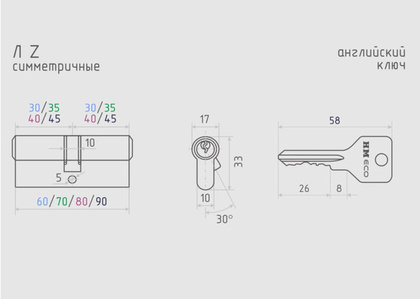 Механизм цилиндровый (30/30, ключ/ключ, латунь, английск.ключ) ЕСО Z Л-60 NORA-M